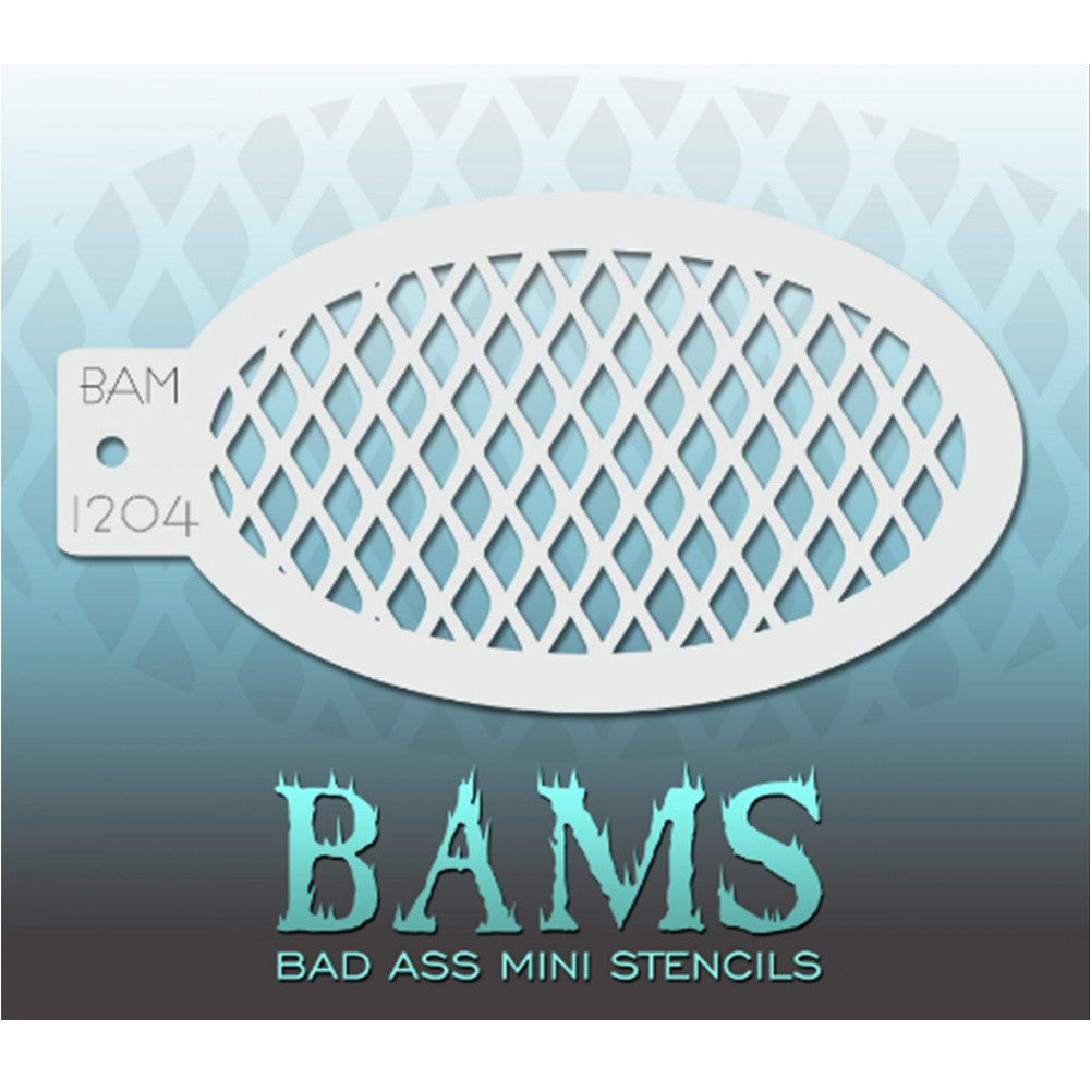 Bad Ass Mini Stencils are oval shaped, with a hole in the end for easy storage on a chain. Chain not included. Each stencil measures 5" x 3.5" (outer dimension).<br><br>Stencil Style - BAM 1204 - Fishnet<br><br>The Bad Ass line of stencils, launched by famous body paint artist - Andrea O'Donnell, are high quality, flexible, fun stencils that take body painting to the next level. These high grade mylar stencils are thin and work great for adding details to your designs. Bad Ass Stencils can be used anywhere