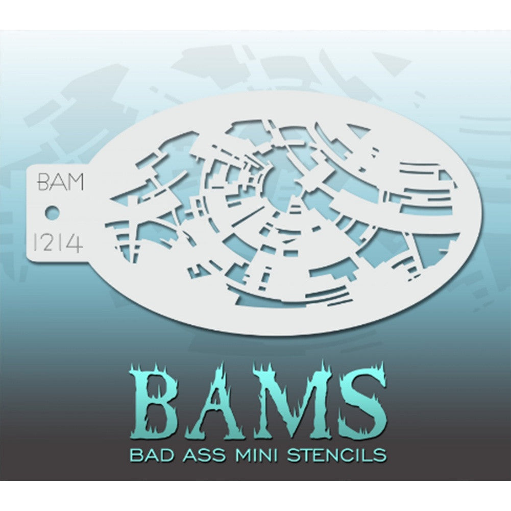Bad Ass Mini Stencils are oval shaped, with a hole in the end for easy storage on a chain. Chain not included. Each stencil measures 5" x 3.5" (outer dimension).<br><br>Stencil Style - BAM 1214<br><br>The Bad Ass line of stencils, launched by famous body paint artist - Andrea O'Donnell, are high quality, flexible, fun stencils that take body painting to the next level. These high grade mylar stencils are thin and work great for adding details to your designs. Bad Ass Stencils can be used anywhere on the bod
