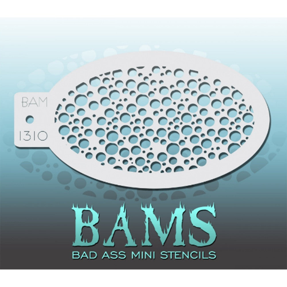 Bad Ass Mini Stencils are oval shaped, with a hole in the end for easy storage on a chain. Chain not included. Each stencil measures 5" x 3.5" (outer dimension).<br><br>Stencil Style - BAM 1310 - Bubbles<br><br>The Bad Ass line of stencils, launched by famous body paint artist - Andrea O'Donnell, are high quality, flexible, fun stencils that take body painting to the next level. These high grade mylar stencils are thin and work great for adding details to your designs. Bad Ass Stencils can be used anywhere