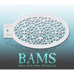 Bad Ass Mini Stencils are oval shaped, with a hole in the end for easy storage on a chain. Chain not included. Each stencil measures 5" x 3.5" (outer dimension).<br><br>Stencil Style - BAM 1310 - Bubbles<br><br>The Bad Ass line of stencils, launched by famous body paint artist - Andrea O'Donnell, are high quality, flexible, fun stencils that take body painting to the next level. These high grade mylar stencils are thin and work great for adding details to your designs. Bad Ass Stencils can be used anywhere