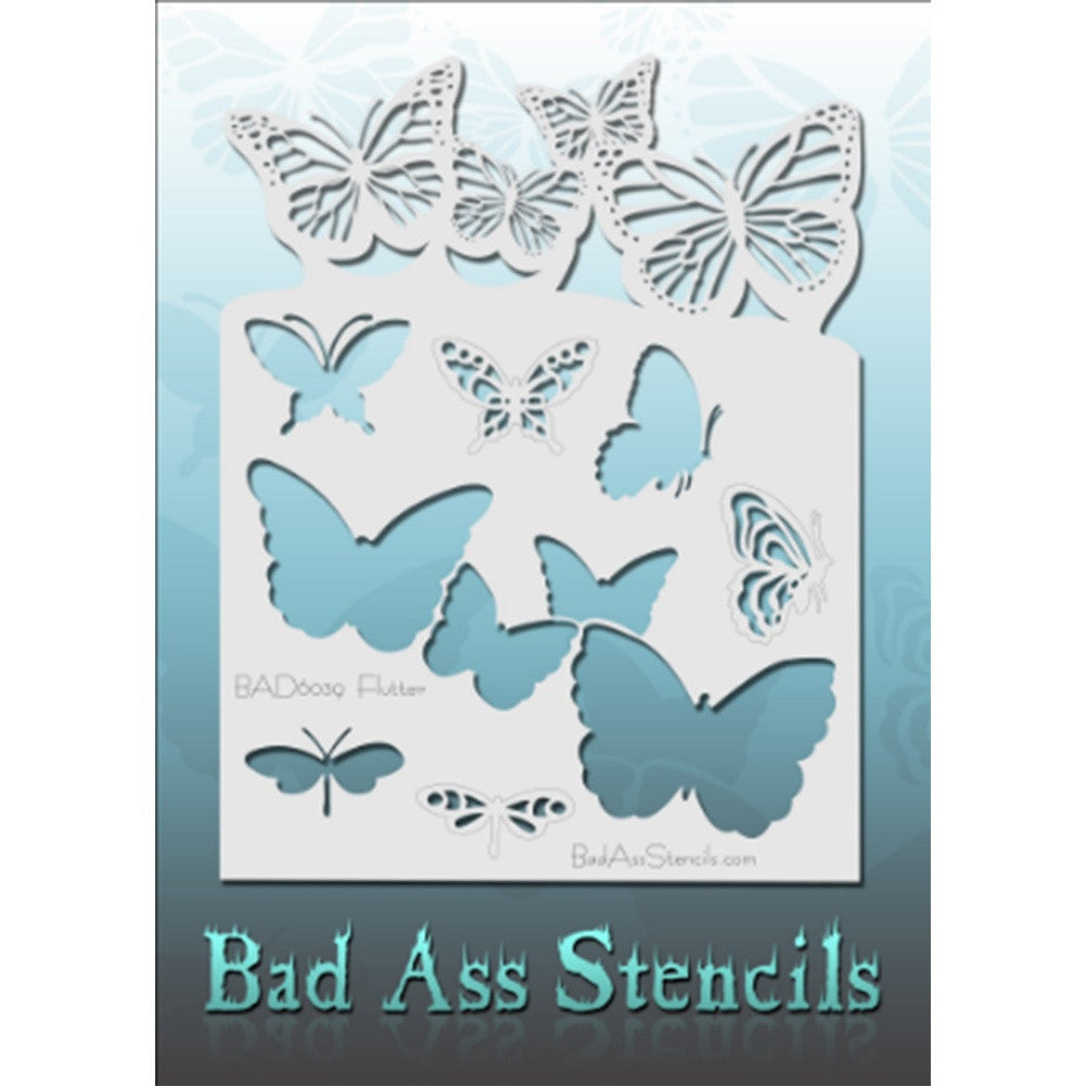 Bad Ass Full Size Stencils - BAD6039 - Flutter are about 8.5&quot; x 11&quot; in size and contain several related designs. They are perfect for a variety of body and face painting designs. Textured edges allow the artist to create multiple designs with the same sheet.&lt;br&gt;&lt;br&gt;The Bad Ass line of stencils, launched by famous body paint artist - Andrea O&#39;Donnell, are high quality, flexible, fun stencils that take body painting to the next level. These high grade mylar stencils are thin and work great for adding details 