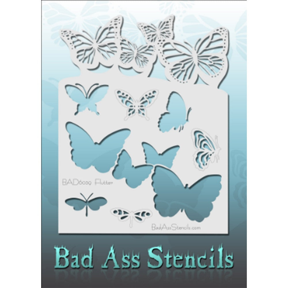 Bad Ass Full Size Stencils - BAD6039 - Flutter are about 8.5" x 11" in size and contain several related designs. They are perfect for a variety of body and face painting designs. Textured edges allow the artist to create multiple designs with the same sheet.<br><br>The Bad Ass line of stencils, launched by famous body paint artist - Andrea O'Donnell, are high quality, flexible, fun stencils that take body painting to the next level. These high grade mylar stencils are thin and work great for adding details
