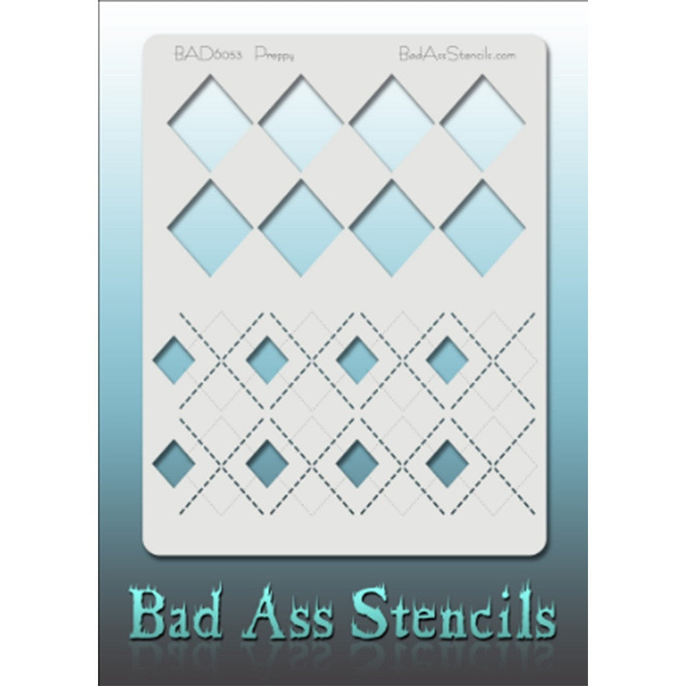 Bad Ass Full Size Stencils - BAD6053 - Preppy are about 8.5" x 11" in size and contain several related designs. They are perfect for a variety of body and face painting designs. Textured edges allow the artist to create multiple designs with the same sheet.<br><br>The Bad Ass line of stencils, launched by famous body paint artist - Andrea O'Donnell, are high quality, flexible, fun stencils that take body painting to the next level. These high grade mylar stencils are thin and work great for adding details t
