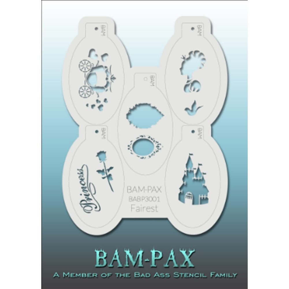 BAM PAX Stencil Sheet - BABP3001 - Fairest contains 5 related stencil designs in the princess and fairy theme. Designs in this sheet are great for parties and other events. They are perfect for creating a variety of body and face painting designs quickly and easily. Each stencil is approximately 5" x 3" in size. Each sheet comes with a metal chain. Stencils can be detached from the sheet and can be conveniently stored together using this chain.<br /><br />The Bad Ass line of stencils, launched by famous bod