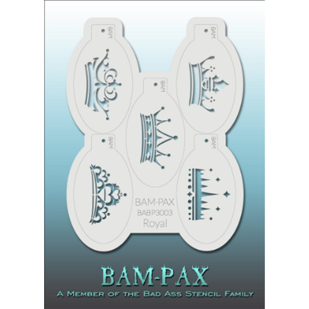 BAM PAX Stencil Sheet - BABP3003 - Royal contains 5 related stencil designs in the royal crown theme. Designs in this sheet are great for parties and other events. They are perfect for creating a variety of body and face painting designs quickly and easily. Each stencil is approximately 5" x 3" in size. Each sheet comes with a metal chain. Stencils can be detached from the sheet and can be conveniently stored together using this chain.<br /><br />The Bad Ass line of stencils, launched by famous body paint a
