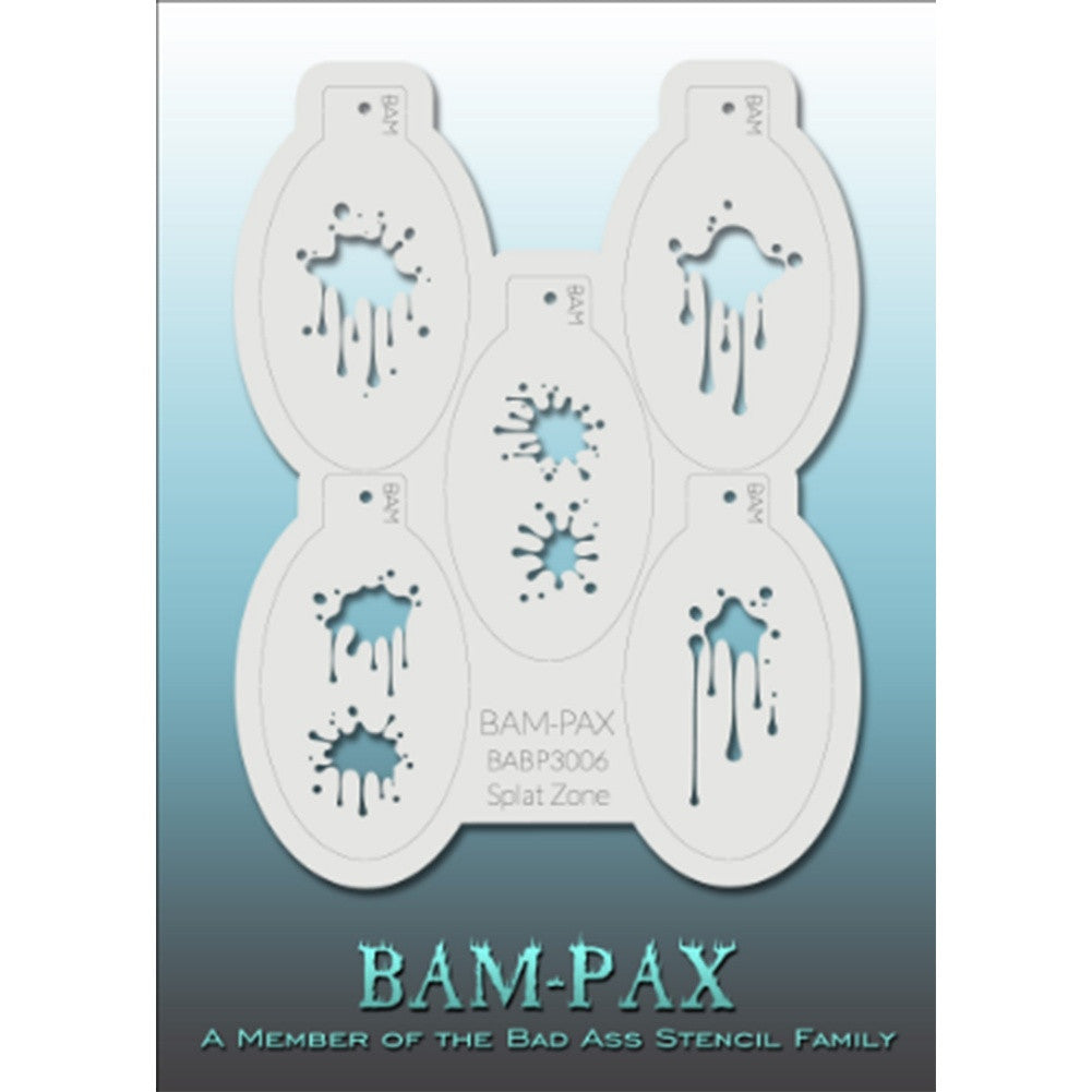 BAM PAX Stencil Sheet - BABP3006 - Splat Zone contains 5 related stencil designs in the splash theme. Designs in this sheet are great for parties and other events. They are perfect for creating a variety of body and face painting designs quickly and easily. Each stencil is approximately 5" x 3" in size. Each sheet comes with a metal chain. Stencils can be detached from the sheet and can be conveniently stored together using this chain.<br /><br />The Bad Ass line of stencils, launched by famous body paint a