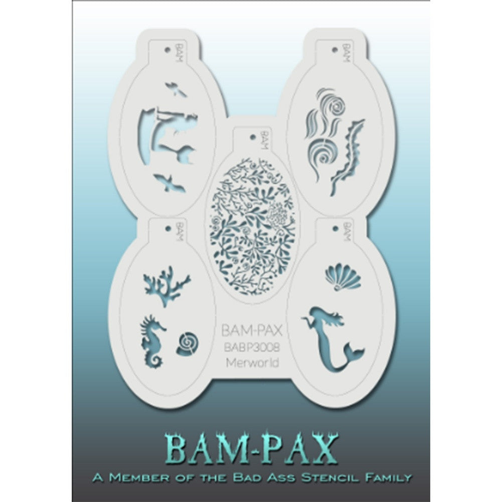 BAM PAX Stencil Sheet - BABP3008 - Merworld contains 5 related stencil designs in the mermaid and underwater life theme. Designs in this sheet are great for parties and other events. They are perfect for creating a variety of body and face painting designs quickly and easily. Each stencil is approximately 5" x 3" in size. Each sheet comes with a metal chain. Stencils can be detached from the sheet and can be conveniently stored together using this chain.<br /><br />The Bad Ass line of stencils, launched by