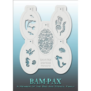 BAM PAX Stencil Sheet - BABP3008 - Merworld contains 5 related stencil designs in the mermaid and underwater life theme. Designs in this sheet are great for parties and other events. They are perfect for creating a variety of body and face painting designs quickly and easily. Each stencil is approximately 5" x 3" in size. Each sheet comes with a metal chain. Stencils can be detached from the sheet and can be conveniently stored together using this chain.<br /><br />The Bad Ass line of stencils, launched by