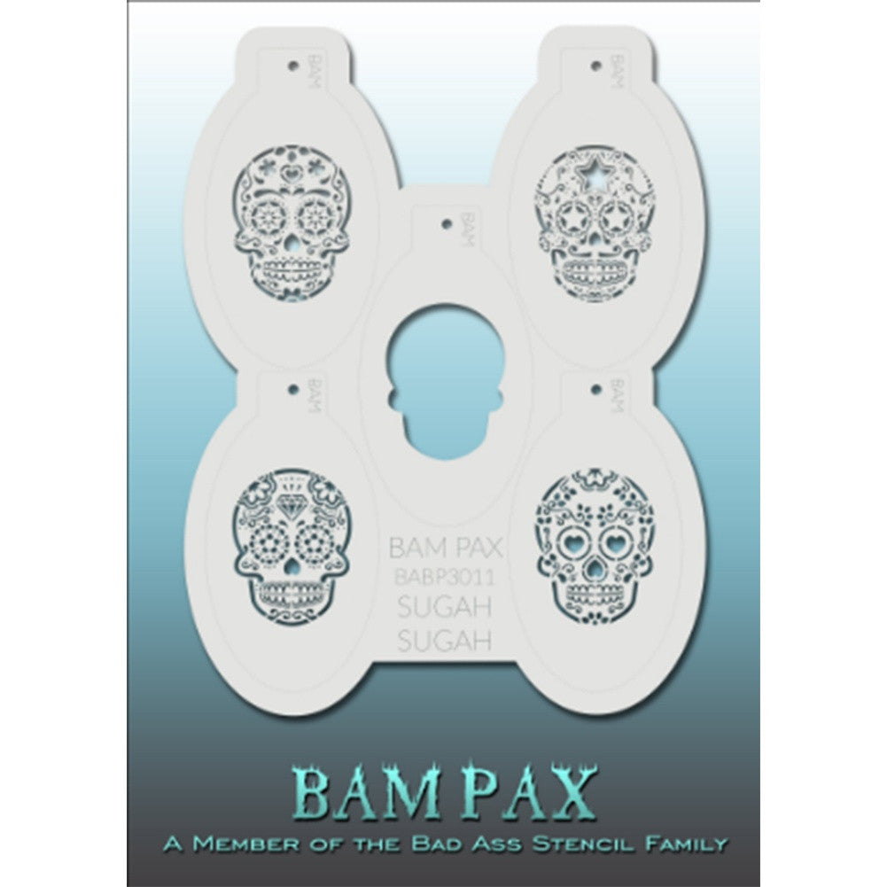 BAM PAX Stencil Sheet - BABP3011 - Sugah Sugah contains 5 related stencil designs in Sugar Skull Theme. Designs in this sheet are great for Halloween, costume parties and other events. They are perfect for creating a variety of body and face painting designs quickly and easily. Each stencil is approximately 5" x 3" in size. Each sheet comes with a metal chain. Stencils can be detached from the sheet and can be conveniently stored together using this chain.<br /><br />The Bad Ass line of stencils, launched b