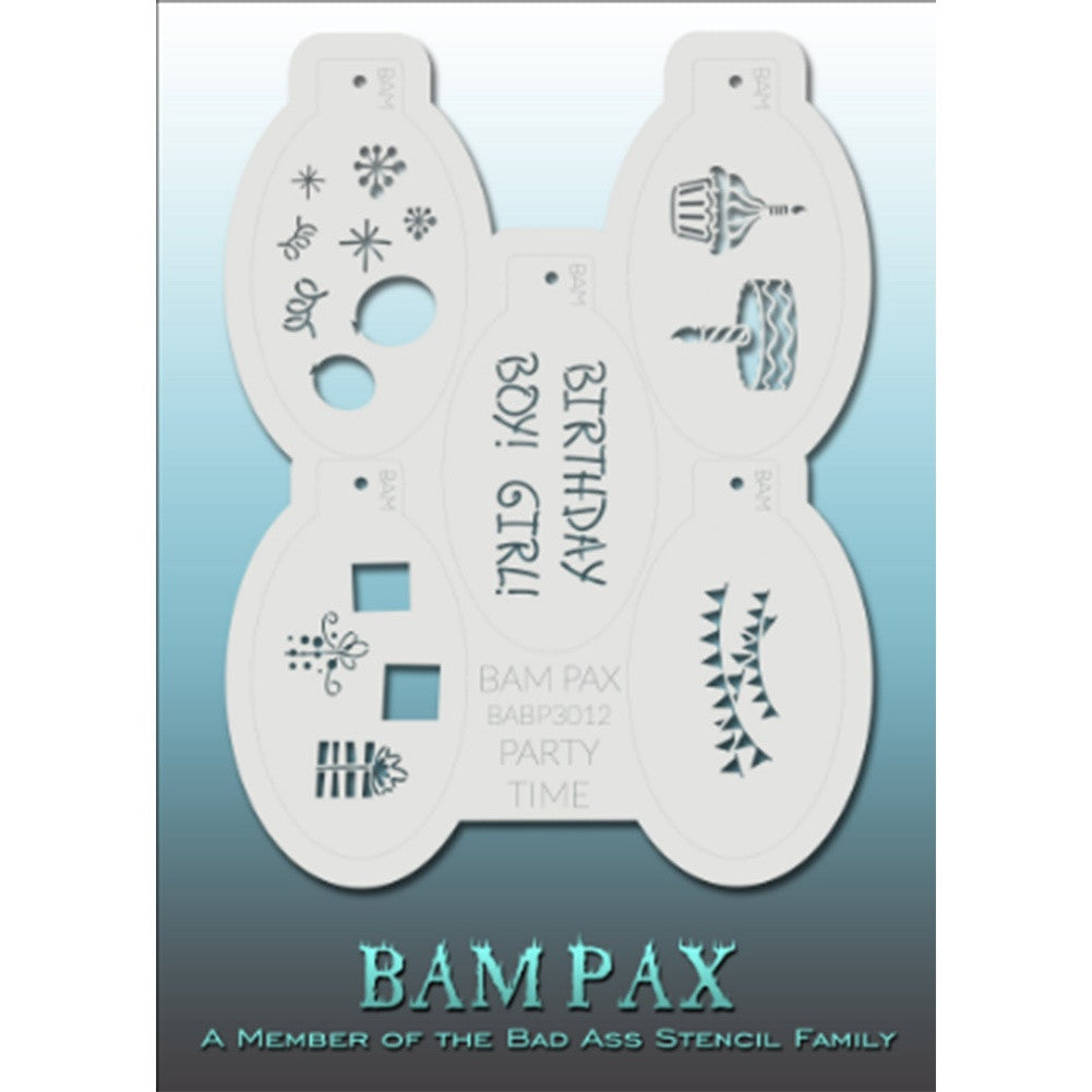BAM PAX Stencil Sheet - BABP3012 - Party Time contains 5 related stencil designs in the birthday party theme for boys or girls. Designs in this sheet are great for birthday parties. They are perfect for creating a variety of body and face painting designs quickly and easily. Each stencil is approximately 5" x 3" in size. Each sheet comes with a metal chain. Stencils can be detached from the sheet and can be conveniently stored together using this chain.<br /><br />The Bad Ass line of stencils, launched by f