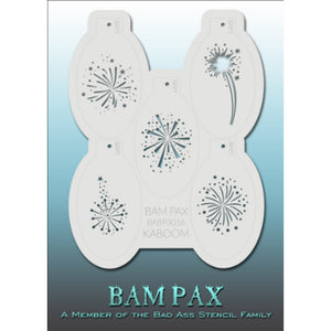 BAM PAX Stencil Sheet - BABP3016 - Kaboom contains 5 related stencil designs in fireworks design theme. Designs in this sheet are great for birthday parties and other events. They are perfect for creating a variety of body and face painting designs quickly and easily. Each stencil is approximately 5" x 3" in size. Each sheet comes with a metal chain. Stencils can be detached from the sheet and can be conveniently stored together using this chain.<br /><br />The Bad Ass line of stencils, launched by famous b