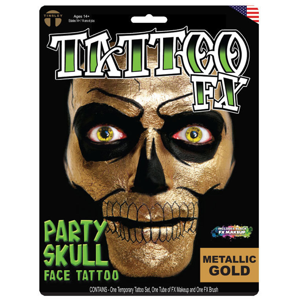 Tinsley Transfers Party Skull Face Tattoo - Gold