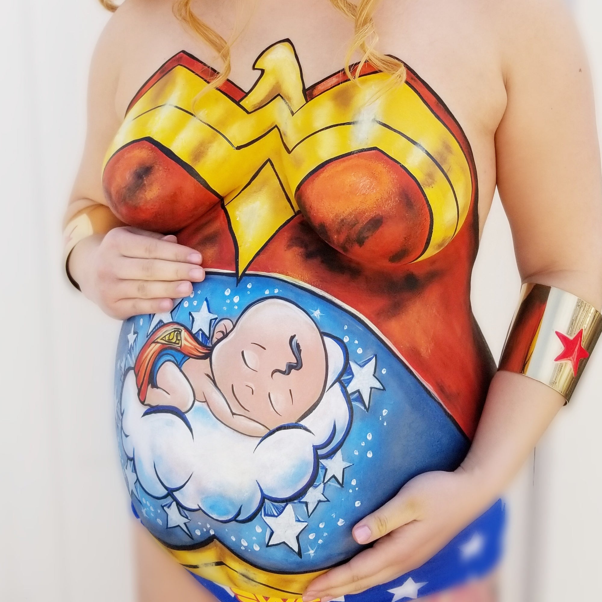 Wonder Mommy to be Belly Painting by Kellie Burrus