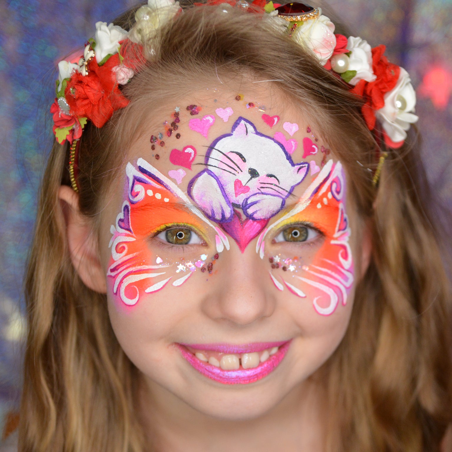 Valentine's Day Cat Face Paint Design by Natalia Kirillova