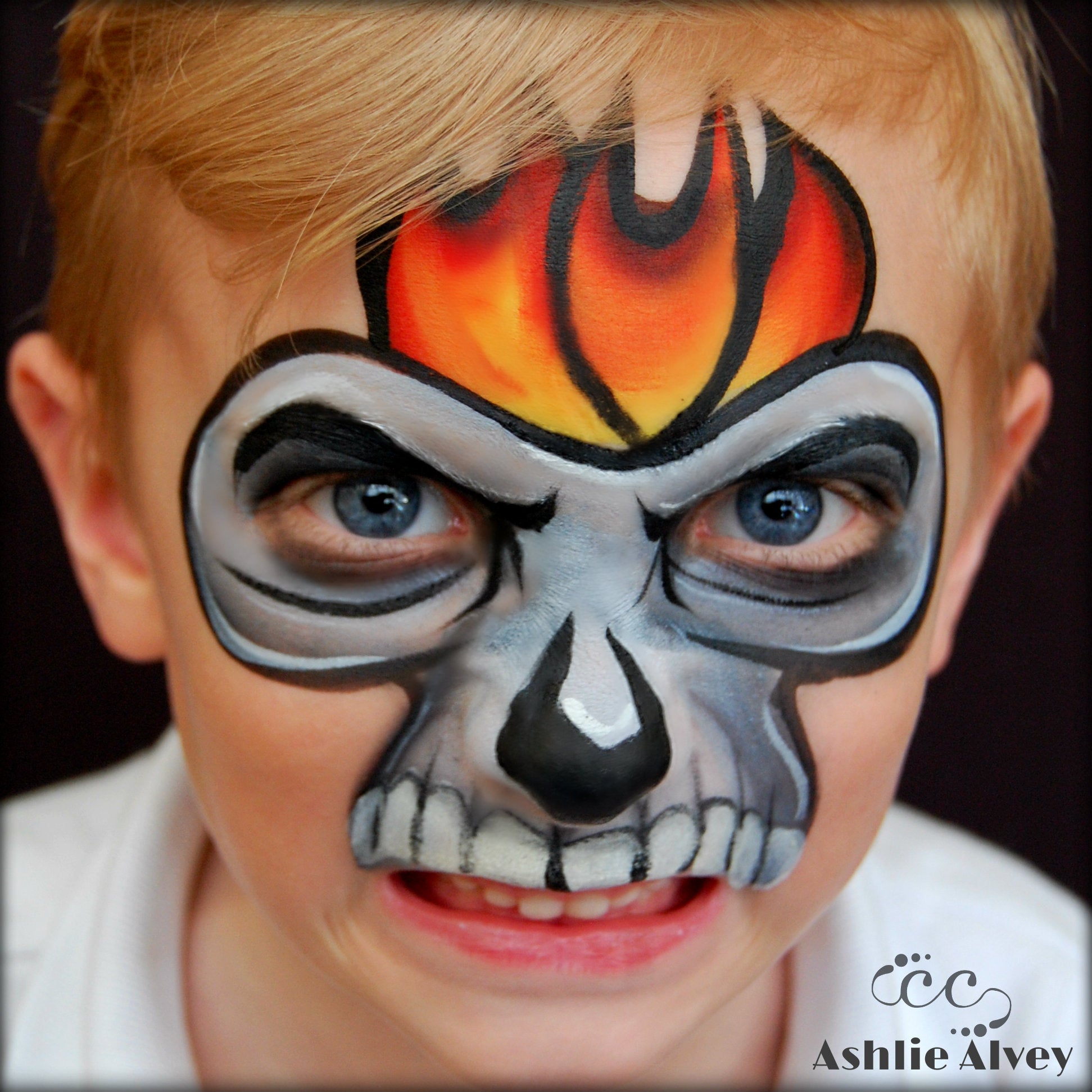 One Stroke Flaming Skull Mask by Artist Ashlie Alvey