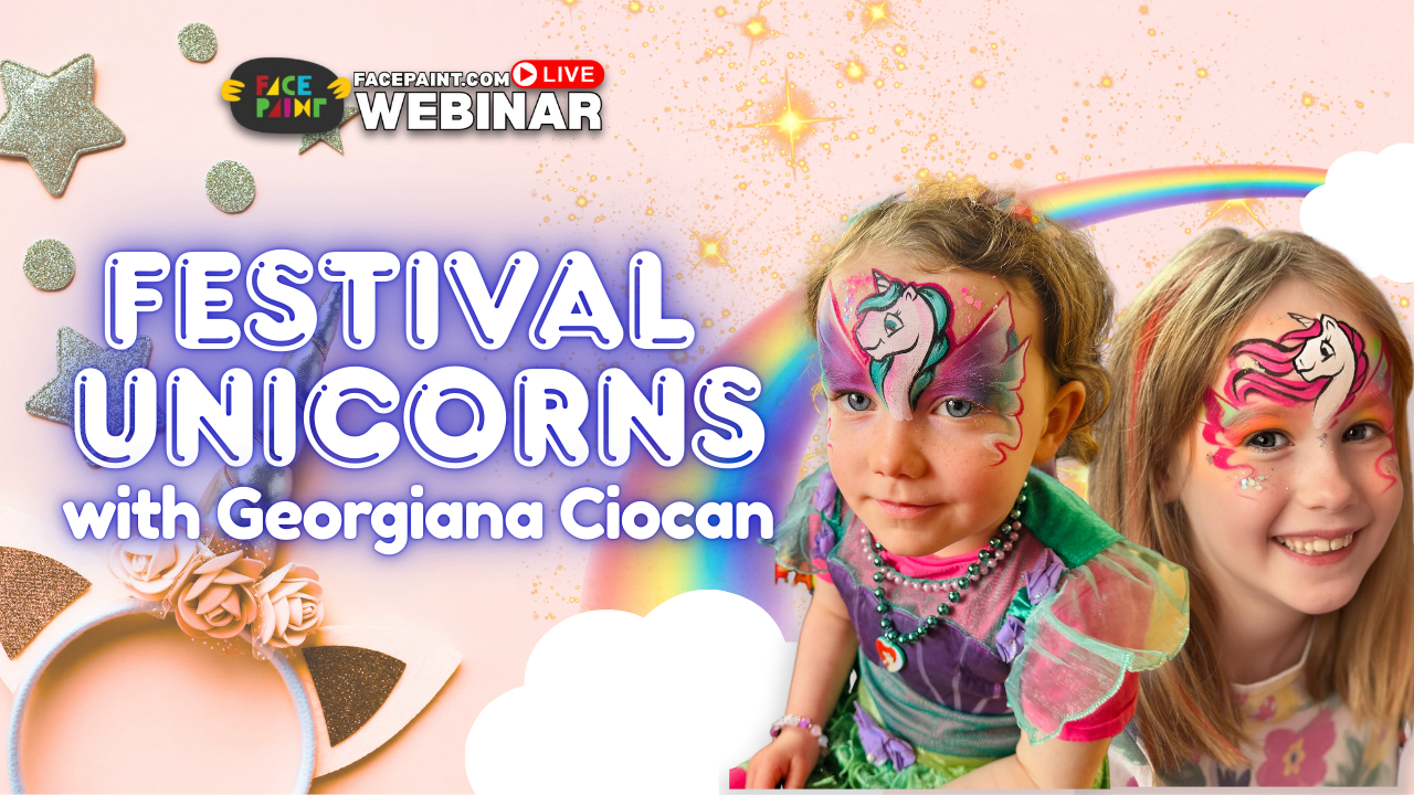 Colorful unicorn face painting design with glitter and vibrant mane, created using professional face paint at a festival