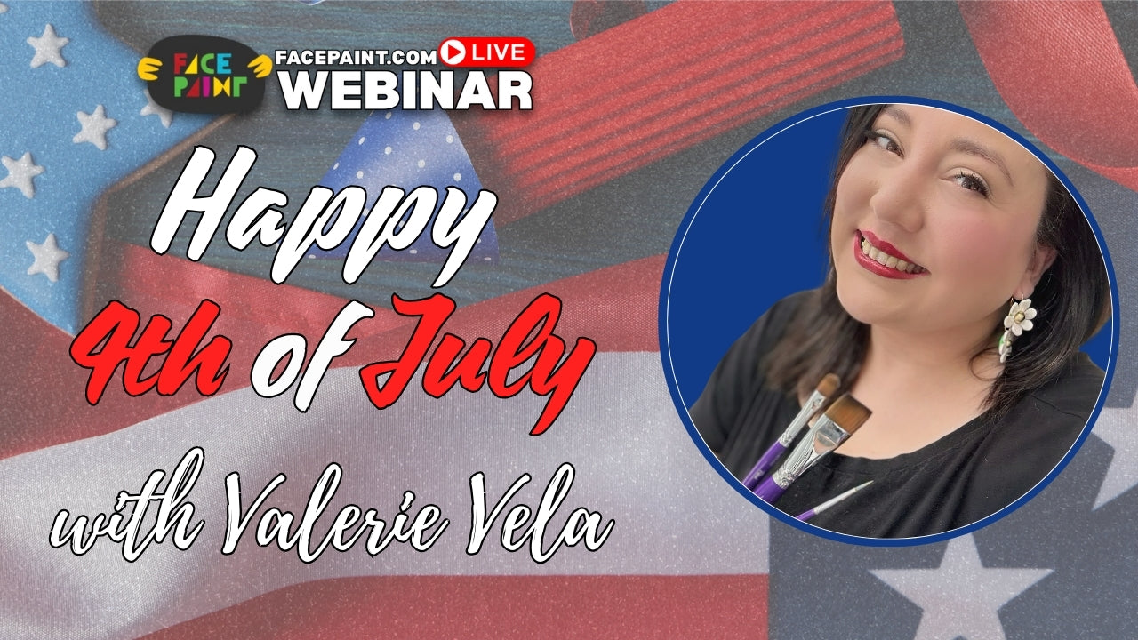 4th of July face painting design by Valerie Vela featuring red, white, and blue butterfly, bald eagle face art, patriotic flowers, and glitter mask – perfect for Independence Day parties and festivals