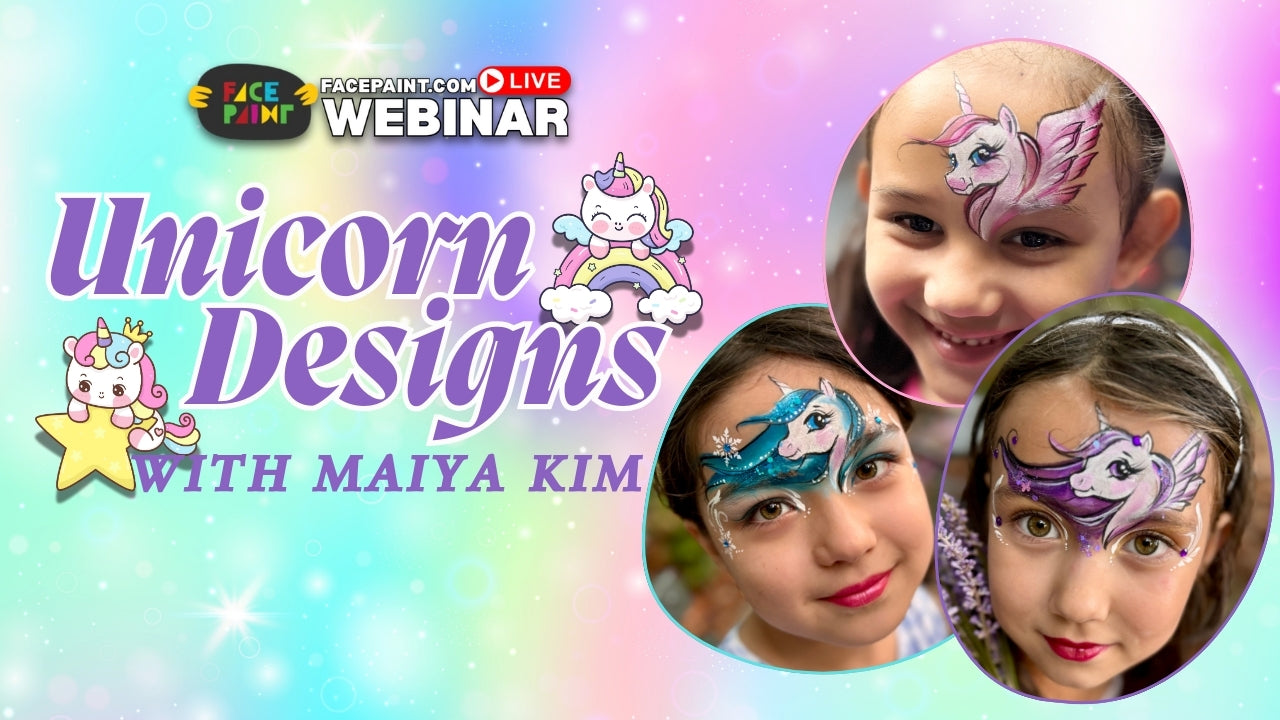 Chubby unicorn face painting design by Maya Kim using KrazeFX paints and circle division technique.