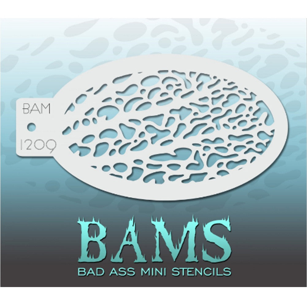 Bad Ass Mini Stencils are oval shaped, with a hole in the end for easy storage on a chain. Chain not included. Each stencil measures 5&quot; x 3.5&quot; (outer dimension).&lt;br&gt;&lt;br&gt;Stencil Style - BAM 1209&lt;br&gt;&lt;br&gt;The Bad Ass line of stencils, launched by famous body paint artist - Andrea O&#39;Donnell, are high quality, flexible, fun stencils that take body painting to the next level. These high grade mylar stencils are thin and work great for adding details to your designs. Bad Ass Stencils can be used anywhere on the bod