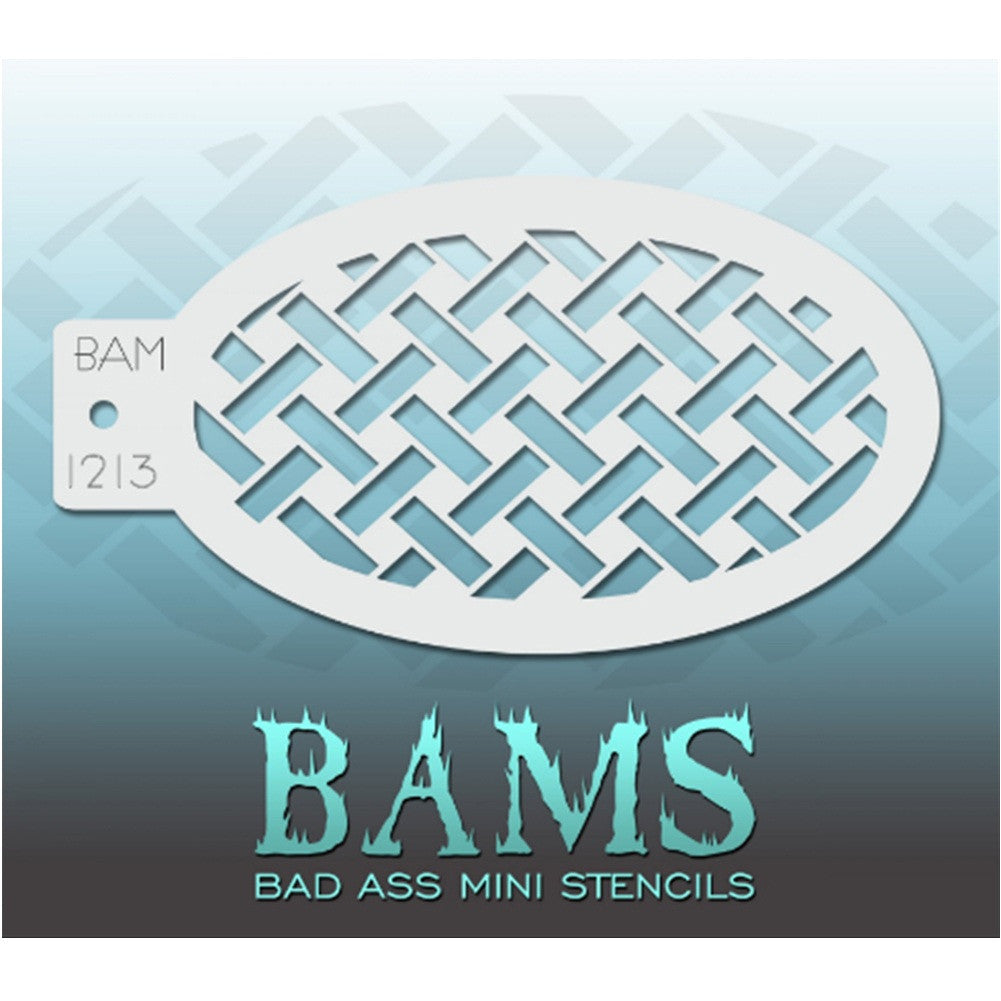 Bad Ass Mini Stencils are oval shaped, with a hole in the end for easy storage on a chain. Chain not included. Each stencil measures 5&quot; x 3.5&quot; (outer dimension).&lt;br&gt;&lt;br&gt;Stencil Style - BAM 1213 - Basket Weave&lt;br&gt;&lt;br&gt;The Bad Ass line of stencils, launched by famous body paint artist - Andrea O&#39;Donnell, are high quality, flexible, fun stencils that take body painting to the next level. These high grade mylar stencils are thin and work great for adding details to your designs. Bad Ass Stencils can be used anyw