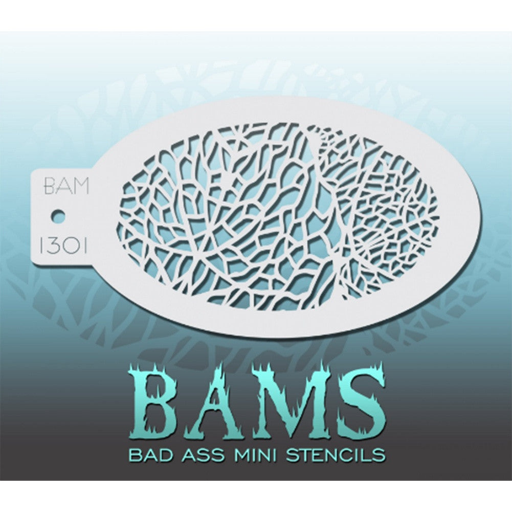 Bad Ass Mini Stencils are oval shaped, with a hole in the end for easy storage on a chain. Chain not included. Each stencil measures 5&quot; x 3.5&quot; (outer dimension).&lt;br&gt;&lt;br&gt;Stencil Style - BAM 1301&lt;br&gt;&lt;br&gt;The Bad Ass line of stencils, launched by famous body paint artist - Andrea O&#39;Donnell, are high quality, flexible, fun stencils that take body painting to the next level. These high grade mylar stencils are thin and work great for adding details to your designs. Bad Ass Stencils can be used anywhere on the bod