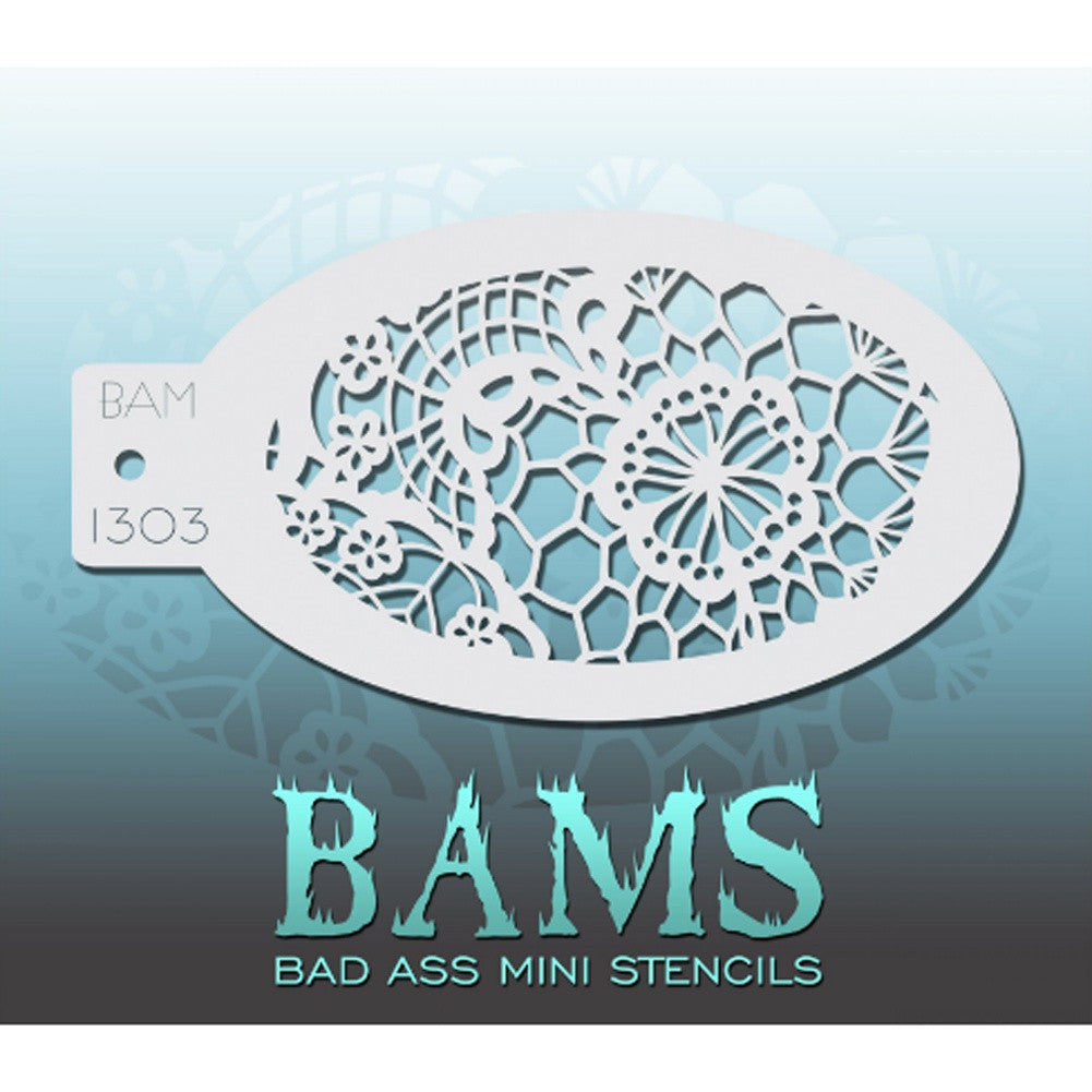 Bad Ass Mini Stencils are oval shaped, with a hole in the end for easy storage on a chain. Chain not included. Each stencil measures 5&quot; x 3.5&quot; (outer dimension).&lt;br&gt;&lt;br&gt;Stencil Style - BAM 1303 - Floral Lace&lt;br&gt;&lt;br&gt;The Bad Ass line of stencils, launched by famous body paint artist - Andrea O&#39;Donnell, are high quality, flexible, fun stencils that take body painting to the next level. These high grade mylar stencils are thin and work great for adding details to your designs. Bad Ass Stencils can be used anywh