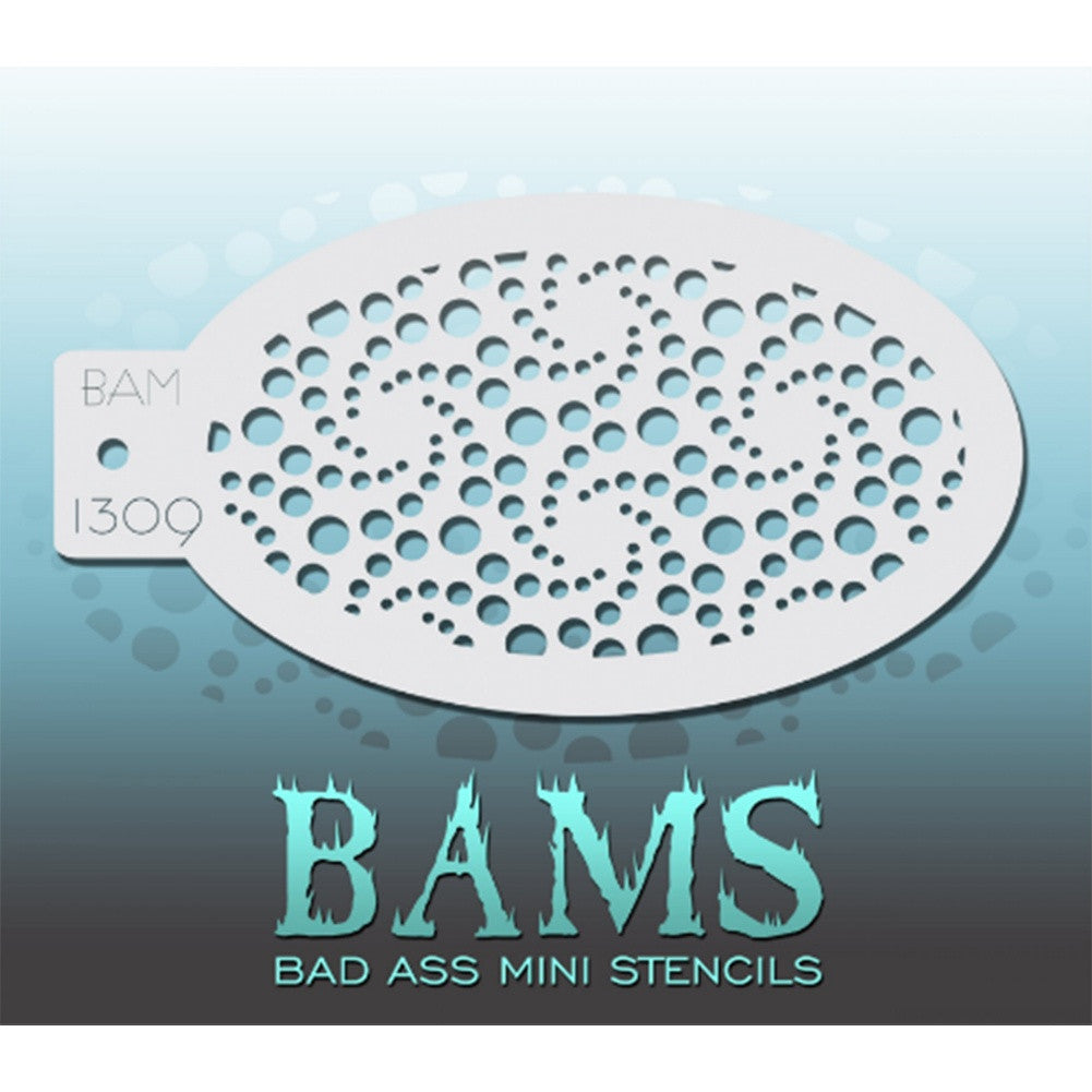 Bad Ass Mini Stencils are oval shaped, with a hole in the end for easy storage on a chain. Chain not included. Each stencil measures 5&quot; x 3.5&quot; (outer dimension).&lt;br&gt;&lt;br&gt;Stencil Style - BAM 1309&lt;br&gt;&lt;br&gt;The Bad Ass line of stencils, launched by famous body paint artist - Andrea O&#39;Donnell, are high quality, flexible, fun stencils that take body painting to the next level. These high grade mylar stencils are thin and work great for adding details to your designs. Bad Ass Stencils can be used anywhere on the bod
