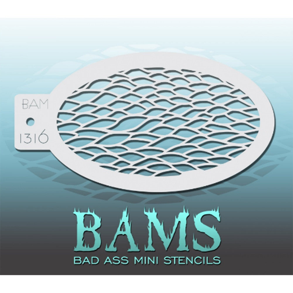 Bad Ass Mini Stencils are oval shaped, with a hole in the end for easy storage on a chain. Chain not included. Each stencil measures 5&quot; x 3.5&quot; (outer dimension).&lt;br&gt;&lt;br&gt;Stencil Style - BAM 1316 - Scales&lt;br&gt;&lt;br&gt;The Bad Ass line of stencils, launched by famous body paint artist - Andrea O&#39;Donnell, are high quality, flexible, fun stencils that take body painting to the next level. These high grade mylar stencils are thin and work great for adding details to your designs. Bad Ass Stencils can be used anywhere o