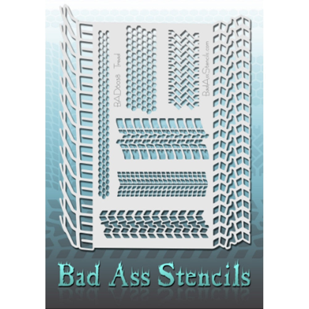 Bad Ass Full Size Stencils - BAD6038 - Tread are about 8.5&quot; x 11&quot; in size and contain several related designs. They are perfect for a variety of body and face painting designs. Textured edges allow the artist to create multiple designs with the same sheet.&lt;br&gt;&lt;br&gt;The Bad Ass line of stencils, launched by famous body paint artist - Andrea O&#39;Donnell, are high quality, flexible, fun stencils that take body painting to the next level. These high grade mylar stencils are thin and work great for adding details to
