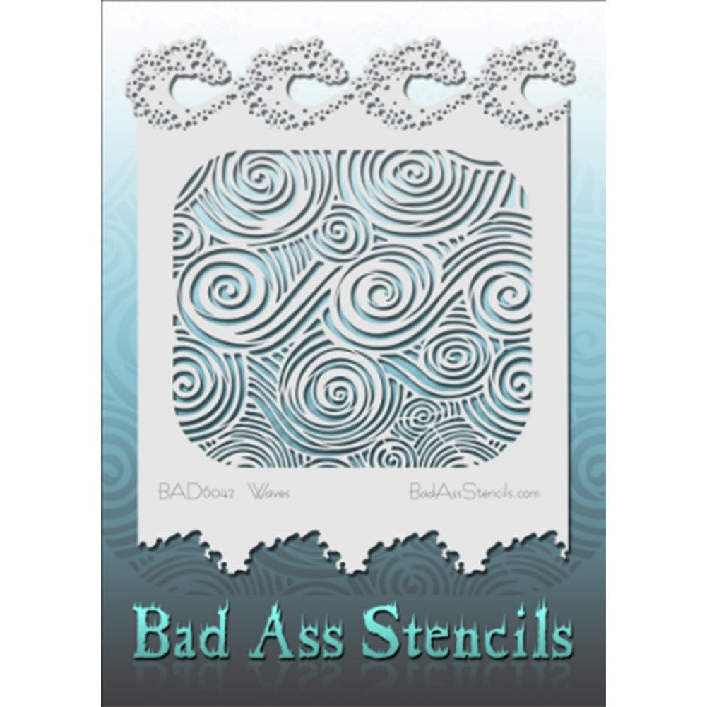 Bad Ass Full Size Stencils - BAD6042 - Waves are about 8.5&quot; x 11&quot; in size and contain several related designs. They are perfect for a variety of body and face painting designs. Textured edges allow the artist to create multiple designs with the same sheet.&lt;br&gt;&lt;br&gt;The Bad Ass line of stencils, launched by famous body paint artist - Andrea O&#39;Donnell, are high quality, flexible, fun stencils that take body painting to the next level. These high grade mylar stencils are thin and work great for adding details to