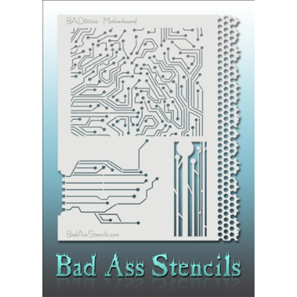 Bad Ass Full Size Stencils - BAD6044 - Motherboard are about 8.5&quot; x 11&quot; in size and contain several related designs. They are perfect for a variety of body and face painting designs. Textured edges allow the artist to create multiple designs with the same sheet.&lt;br&gt;&lt;br&gt;The Bad Ass line of stencils, launched by famous body paint artist - Andrea O&#39;Donnell, are high quality, flexible, fun stencils that take body painting to the next level. These high grade mylar stencils are thin and work great for adding deta