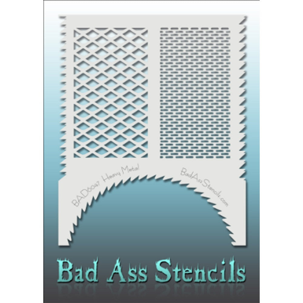 Bad Ass Full Size Stencils - BAD6047 - Heavy Metal are about 8.5&quot; x 11&quot; in size and contain several related designs. They are perfect for a variety of body and face painting designs. Textured edges allow the artist to create multiple designs with the same sheet.&lt;br&gt;&lt;br&gt;The Bad Ass line of stencils, launched by famous body paint artist - Andrea O&#39;Donnell, are high quality, flexible, fun stencils that take body painting to the next level. These high grade mylar stencils are thin and work great for adding deta