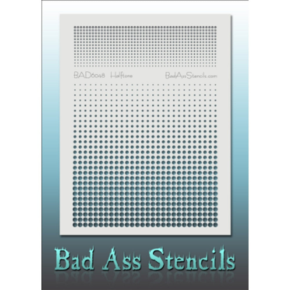 Bad Ass Full Size Stencils - BAD6048 - Halftone are about 8.5&quot; x 11&quot; in size and contain several related designs. They are perfect for a variety of body and face painting designs. Textured edges allow the artist to create multiple designs with the same sheet.&lt;br&gt;&lt;br&gt;The Bad Ass line of stencils, launched by famous body paint artist - Andrea O&#39;Donnell, are high quality, flexible, fun stencils that take body painting to the next level. These high grade mylar stencils are thin and work great for adding details