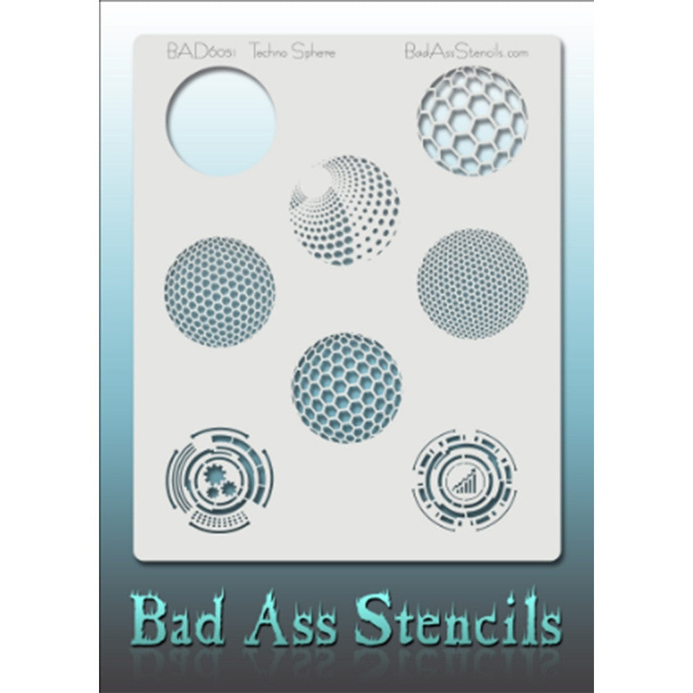 Bad Ass Full Size Stencils - BAD6051 - Techno Spheres are about 8.5&quot; x 11&quot; in size and contain several related designs. They are perfect for a variety of body and face painting designs. Textured edges allow the artist to create multiple designs with the same sheet.&lt;br&gt;&lt;br&gt;The Bad Ass line of stencils, launched by famous body paint artist - Andrea O&#39;Donnell, are high quality, flexible, fun stencils that take body painting to the next level. These high grade mylar stencils are thin and work great for adding d