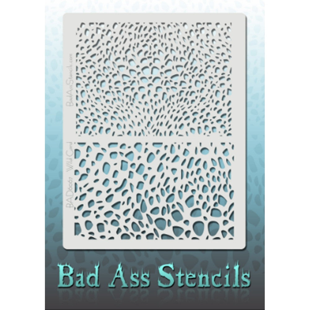Bad Ass Full Size Stencils - BAD6067 - Wild Card are about 8.5&quot; x 11&quot; in size and contain several related designs. They are perfect for a variety of body and face painting designs. Textured edges allow the artist to create multiple designs with the same sheet.&lt;br&gt;&lt;br&gt;The Bad Ass line of stencils, launched by famous body paint artist - Andrea O&#39;Donnell, are high quality, flexible, fun stencils that take body painting to the next level. These high grade mylar stencils are thin and work great for adding detail