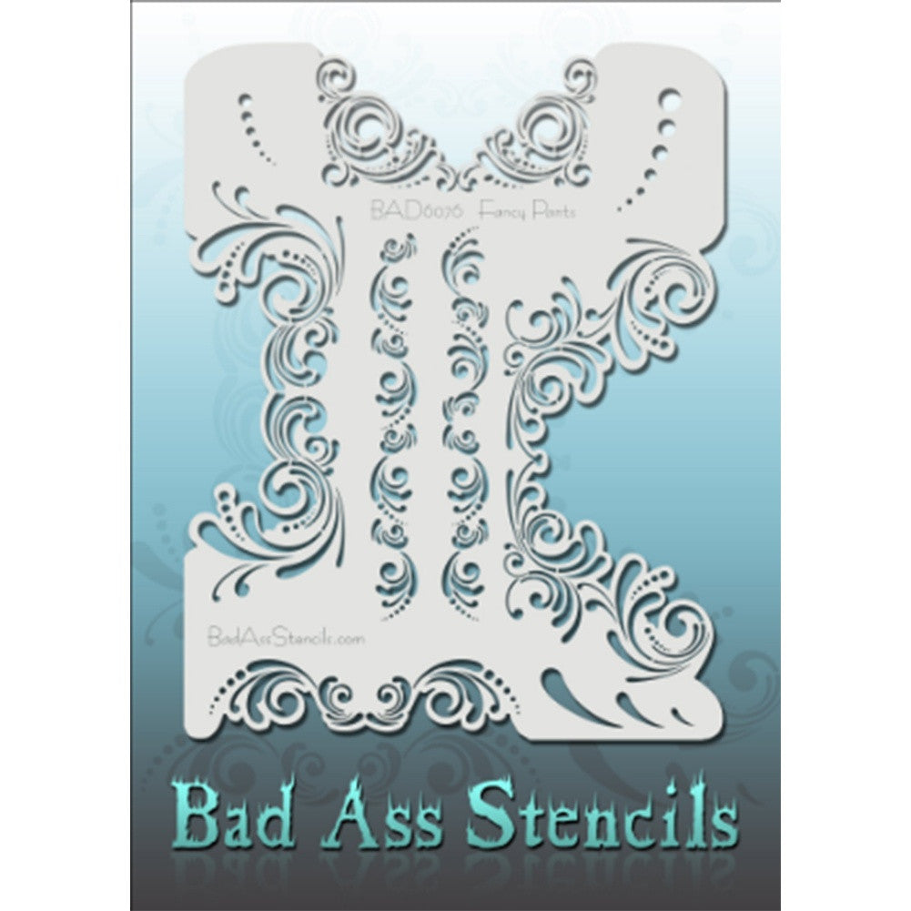 Bad Ass Full Size Stencils - BAD6076 - Fancy Pants are about 8.5&quot; x 11&quot; in size and contain several related designs. They are perfect for a variety of body and face painting designs. Textured edges allow the artist to create multiple designs with the same sheet.&lt;br&gt;&lt;br&gt;The Bad Ass line of stencils, launched by famous body paint artist - Andrea O&#39;Donnell, are high quality, flexible, fun stencils that take body painting to the next level. These high grade mylar stencils are thin and work great for adding deta