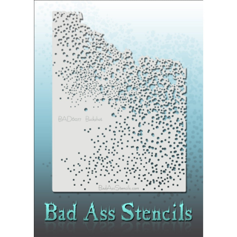 Bad Ass Full Size Stencils - BAD6077 - Buckshot are about 8.5&quot; x 11&quot; in size and contain several related designs. They are perfect for a variety of body and face painting designs. Textured edges allow the artist to create multiple designs with the same sheet.&lt;br&gt;&lt;br&gt;The Bad Ass line of stencils, launched by famous body paint artist - Andrea O&#39;Donnell, are high quality, flexible, fun stencils that take body painting to the next level. These high grade mylar stencils are thin and work great for adding details