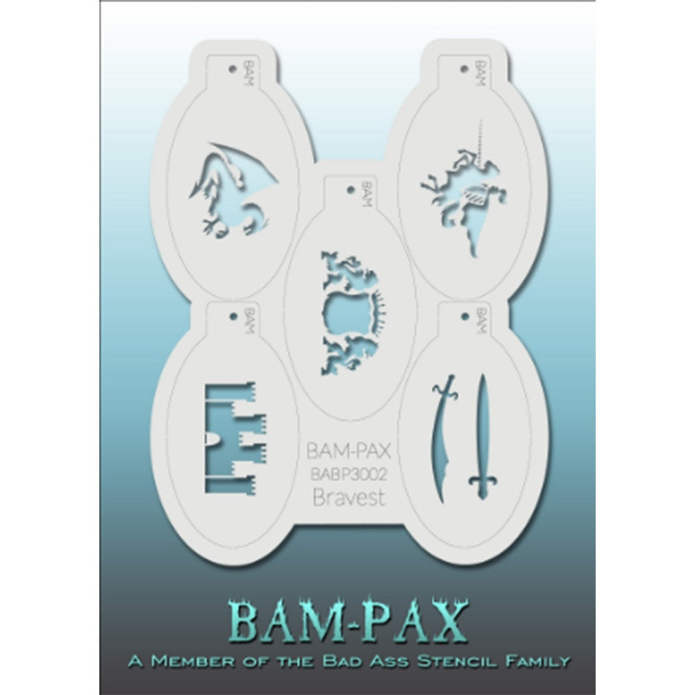 BAM PAX Stencil Sheet - BABP3002 - Bravest contains 5 related stencil designs in the knights and armor theme. Designs in this sheet are great for parties and other events. They are perfect for creating a variety of body and face painting designs quickly and easily. Each stencil is approximately 5&quot; x 3&quot; in size. Each sheet comes with a metal chain. Stencils can be detached from the sheet and can be conveniently stored together using this chain.&lt;br /&gt;&lt;br /&gt;The Bad Ass line of stencils, launched by famous body