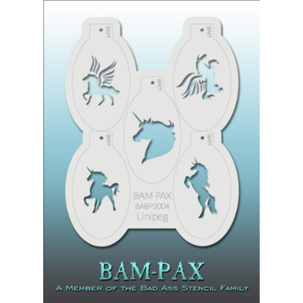 BAM PAX Stencil Sheet - BABP3004 - Unipeg contains 5 related stencil designs in the unicorn theme. Designs in this sheet are great for parties and other events. They are perfect for creating a variety of body and face painting designs quickly and easily. Each stencil is approximately 5" x 3" in size. Each sheet comes with a metal chain. Stencils can be detached from the sheet and can be conveniently stored together using this chain.<br /><br />The Bad Ass line of stencils, launched by famous body paint arti