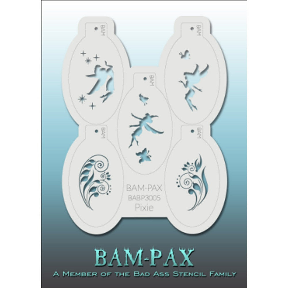 BAM PAX Stencil Sheet - BABP3005 - Pixie contains 5 related stencil designs in the pixie and fairy theme. Designs in this sheet are great for parties and other events. They are perfect for creating a variety of body and face painting designs quickly and easily. Each stencil is approximately 5" x 3" in size. Each sheet comes with a metal chain. Stencils can be detached from the sheet and can be conveniently stored together using this chain.<br /><br />The Bad Ass line of stencils, launched by famous body pai