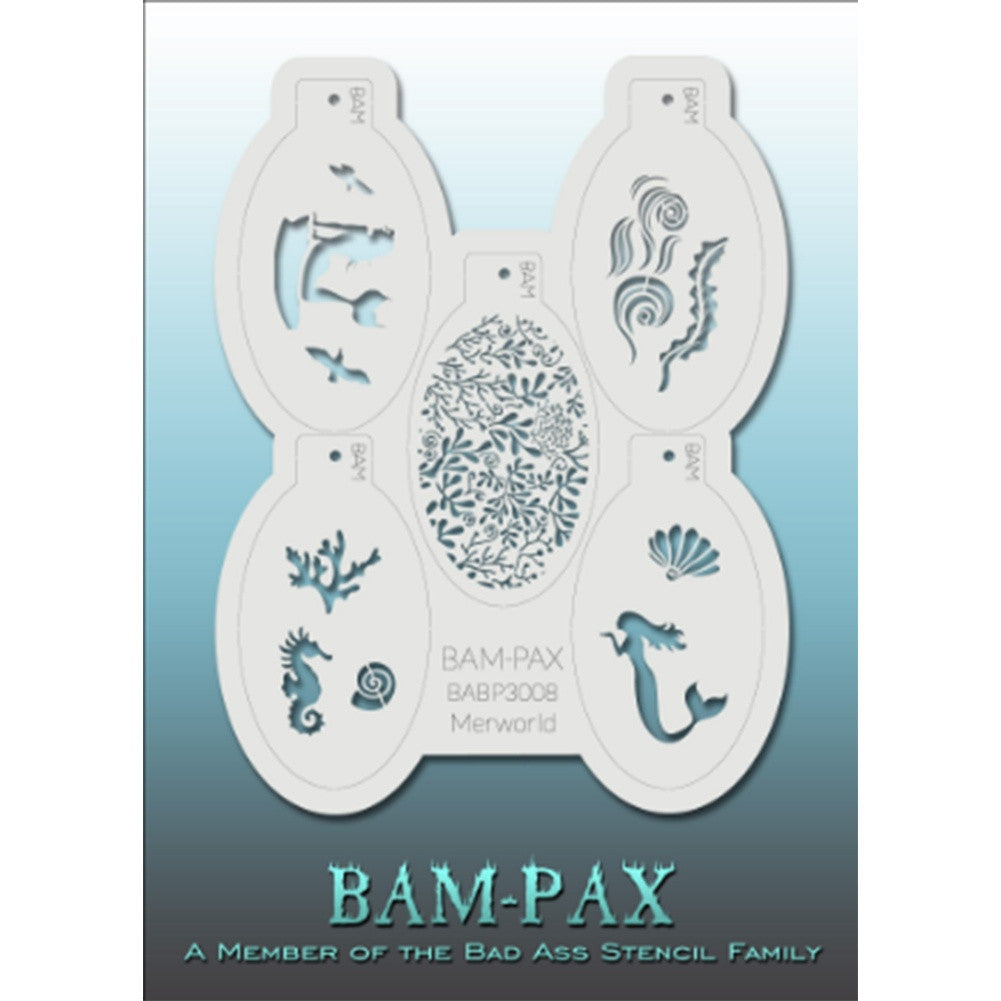 BAM PAX Stencil Sheet - BABP3008 - Merworld contains 5 related stencil designs in the mermaid and underwater life theme. Designs in this sheet are great for parties and other events. They are perfect for creating a variety of body and face painting designs quickly and easily. Each stencil is approximately 5&quot; x 3&quot; in size. Each sheet comes with a metal chain. Stencils can be detached from the sheet and can be conveniently stored together using this chain.&lt;br /&gt;&lt;br /&gt;The Bad Ass line of stencils, launched by 