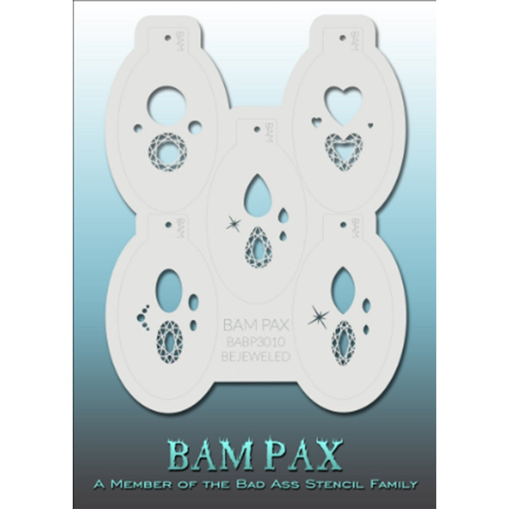 BAM PAX Stencil Sheet - BABP3010 - Bejeweled contains 5 related stencil designs in jewels theme. Designs in this sheet are great for costume parties and other events. They are perfect for creating a variety of body and face painting designs quickly and easily. Each stencil is approximately 5" x 3" in size. Each sheet comes with a metal chain. Stencils can be detached from the sheet and can be conveniently stored together using this chain.<br /><br />The Bad Ass line of stencils, launched by famous body pain