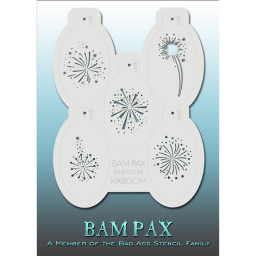 BAM PAX Stencil Sheet - BABP3016 - Kaboom contains 5 related stencil designs in fireworks design theme. Designs in this sheet are great for birthday parties and other events. They are perfect for creating a variety of body and face painting designs quickly and easily. Each stencil is approximately 5" x 3" in size. Each sheet comes with a metal chain. Stencils can be detached from the sheet and can be conveniently stored together using this chain.<br /><br />The Bad Ass line of stencils, launched by famous b