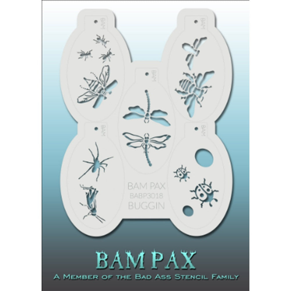 BAM PAX Stencil Sheet - BABP3018 - Buggin contains 5 related stencil designs in bugs and critters design theme. Designs in this sheet are great for birthday parties and other events. They are perfect for creating a variety of body and face painting designs quickly and easily. Each stencil is approximately 5&quot; x 3&quot; in size. Each sheet comes with a metal chain. Stencils can be detached from the sheet and can be conveniently stored together using this chain.&lt;br /&gt;&lt;br /&gt;The Bad Ass line of stencils, launched by 