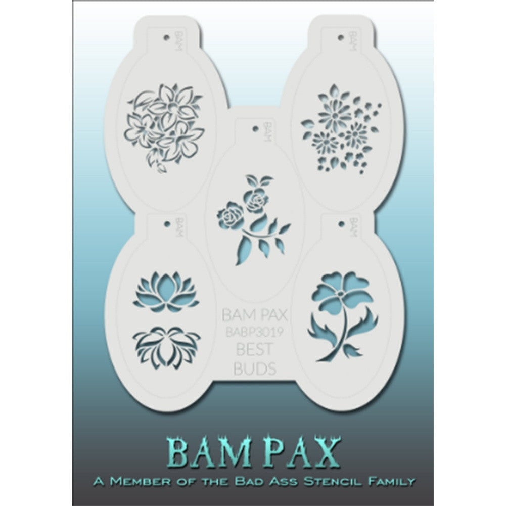 BAM PAX Stencil Sheet - BABP3019 - Best Buds contains 5 related stencil designs in flowers and buds design theme. Designs in this sheet are great for birthday parties and other events. They are perfect for creating a variety of body and face painting designs quickly and easily. Each stencil is approximately 5" x 3" in size. Each sheet comes with a metal chain. Stencils can be detached from the sheet and can be conveniently stored together using this chain.<br /><br />The Bad Ass line of stencils, launched b