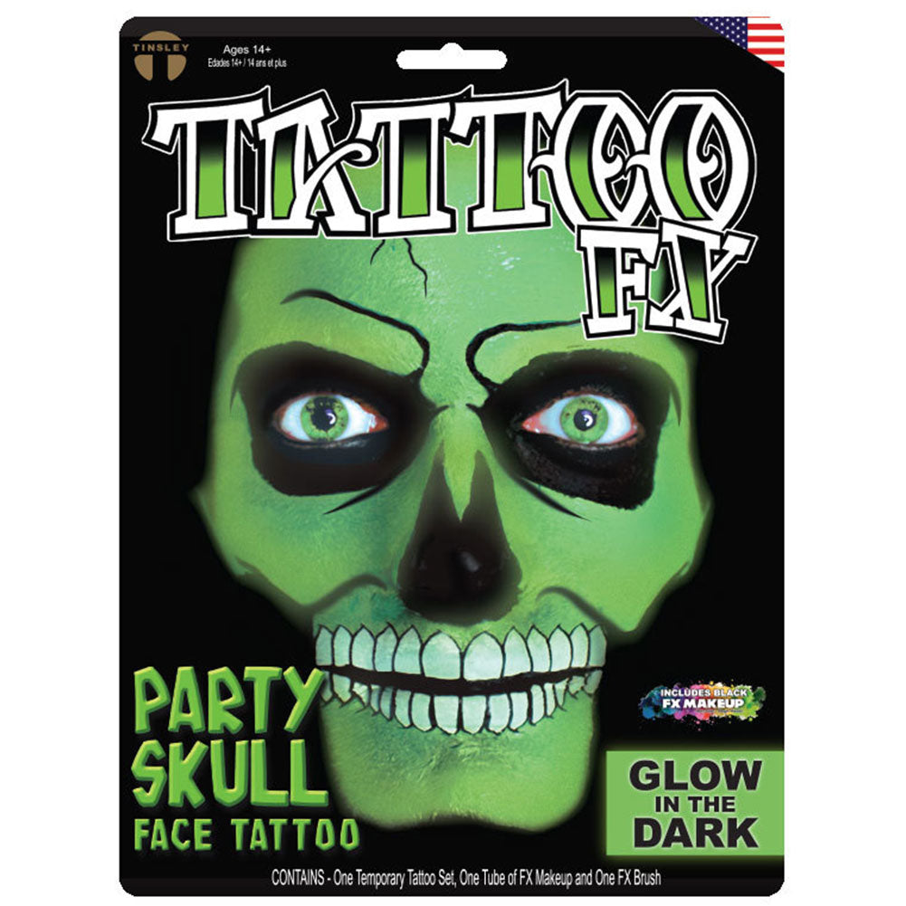 Tinsley Transfers Party Skull Face Tattoo - Glow In The Dark